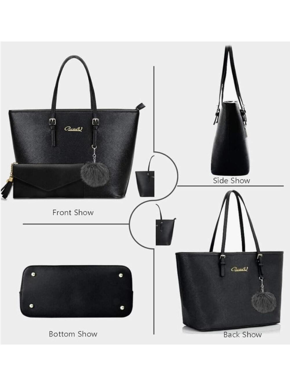 PURSE BestoU Black Tote Bag with Matching Wallet and Pom Pom Charm